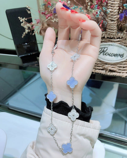 [ELAN LUXE]CLOVER 10 MOTIFS CHALCEDONY DIAMONDS SILVER NECKLACE