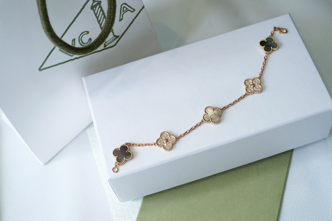 [ELAN LUXE]CLOVER 5 MOTIFS DARK MOP AND DIAMONDS PINK GOLD BRACELET