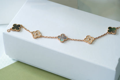 [ELAN LUXE]CLOVER 5 MOTIFS DARK MOP AND DIAMONDS PINK GOLD BRACELET