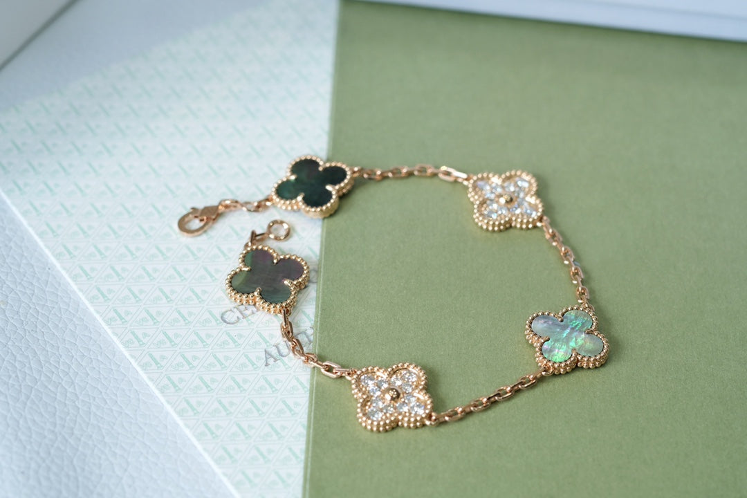 [ELAN LUXE]CLOVER 5 MOTIFS DARK MOP AND DIAMONDS PINK GOLD BRACELET
