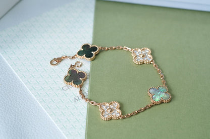 [ELAN LUXE]CLOVER 5 MOTIFS DARK MOP AND DIAMONDS PINK GOLD BRACELET