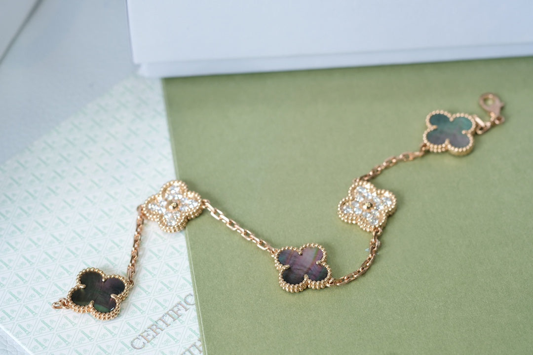 [ELAN LUXE]CLOVER 5 MOTIFS DARK MOP AND DIAMONDS PINK GOLD BRACELET