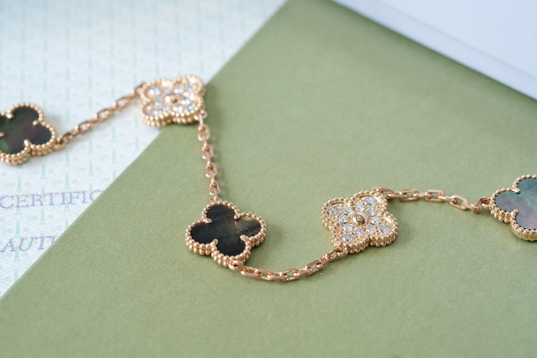[ELAN LUXE]CLOVER 5 MOTIFS DARK MOP AND DIAMONDS PINK GOLD BRACELET