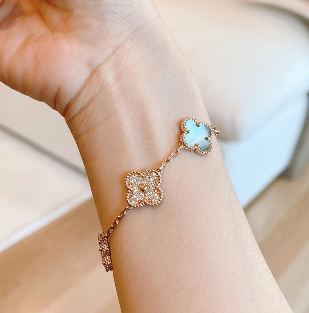 [ELAN LUXE]CLOVER 5 MOTIFS DARK MOP AND DIAMONDS PINK GOLD BRACELET